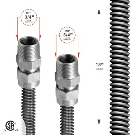 Flextron Gas Line Hose 5/8'' O.D. x 18'' Length with 3/4” MIP Fittings, Stainless Steel Flexible Connector FTGC-SS12-18N